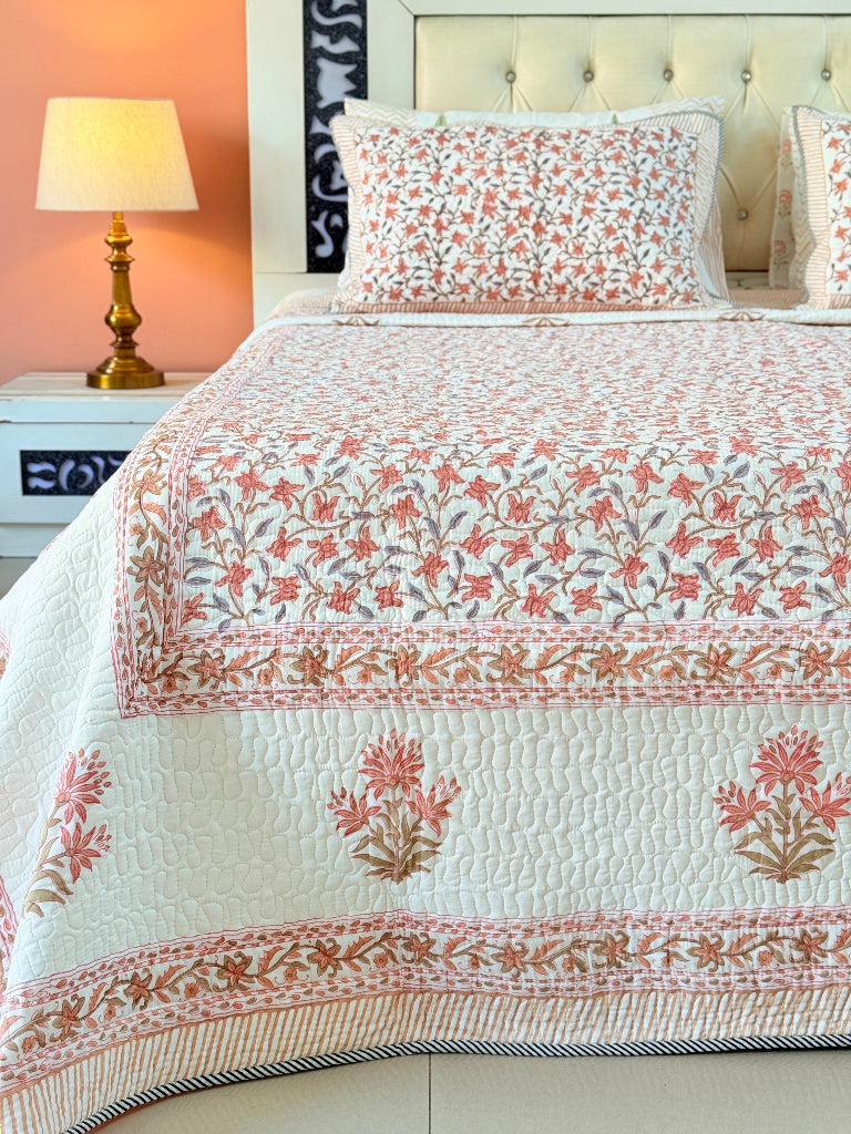 Gardenia Hand Blocked Quilted Bedcover