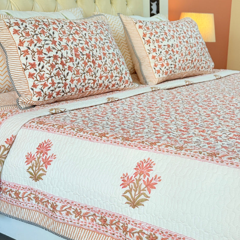 Gardenia Hand Blocked Quilted Bedcover