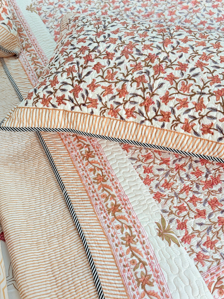 Gardenia Hand Blocked Quilted Bedcover
