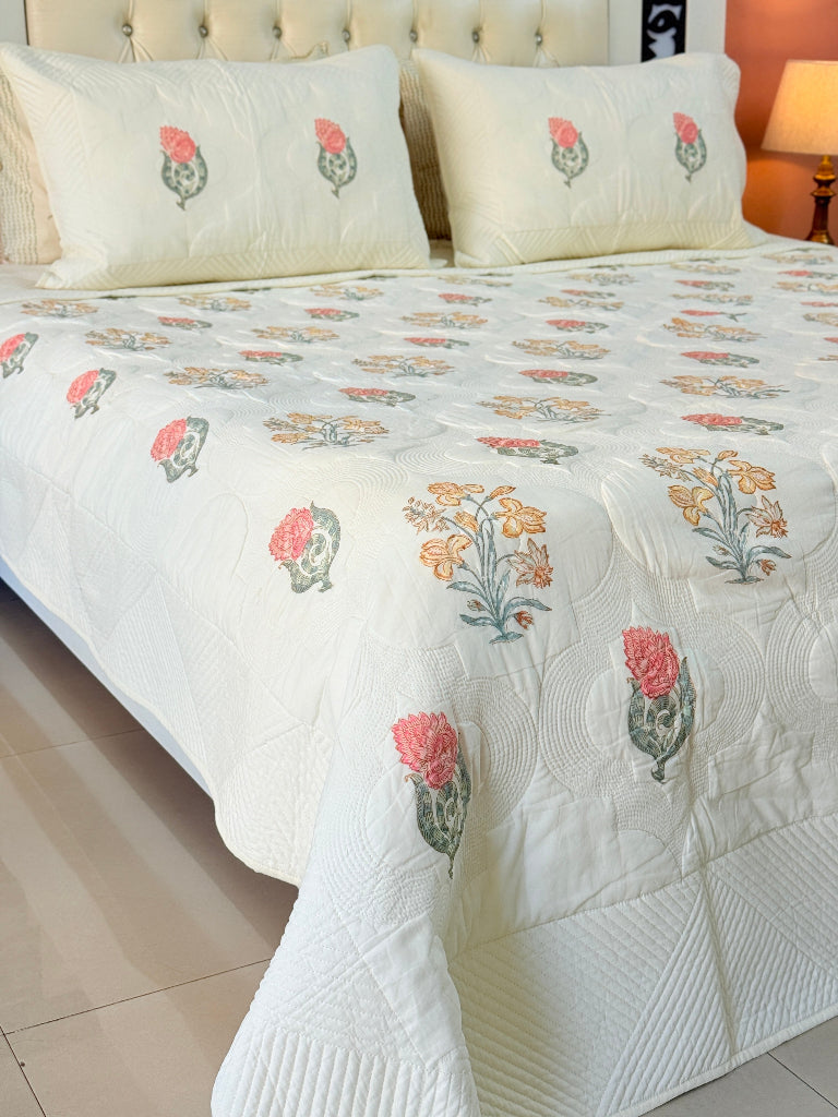 Charming Florals - Hand Blocked Quilted Bedcover