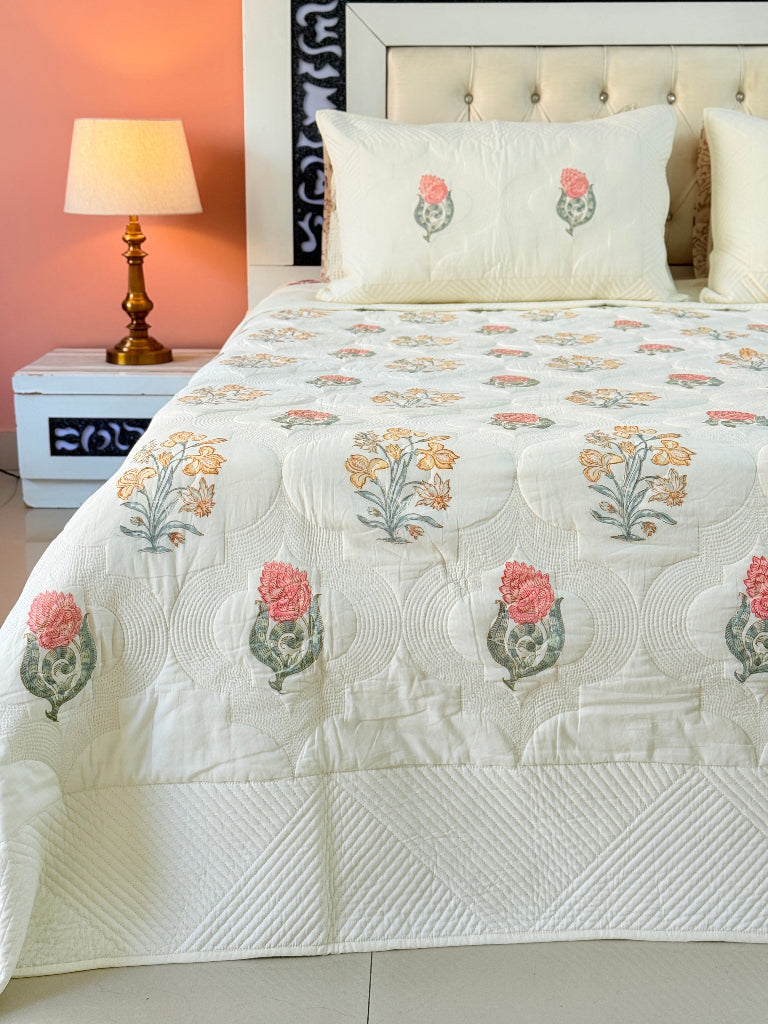 Charming Florals - Hand Blocked Quilted Bedcover