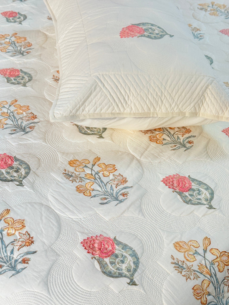 Charming Florals - Hand Blocked Quilted Bedcover