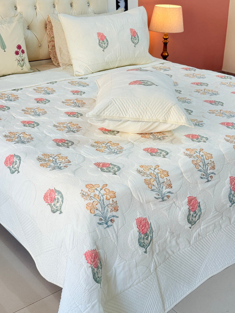 Charming Florals - Hand Blocked Quilted Bedcover