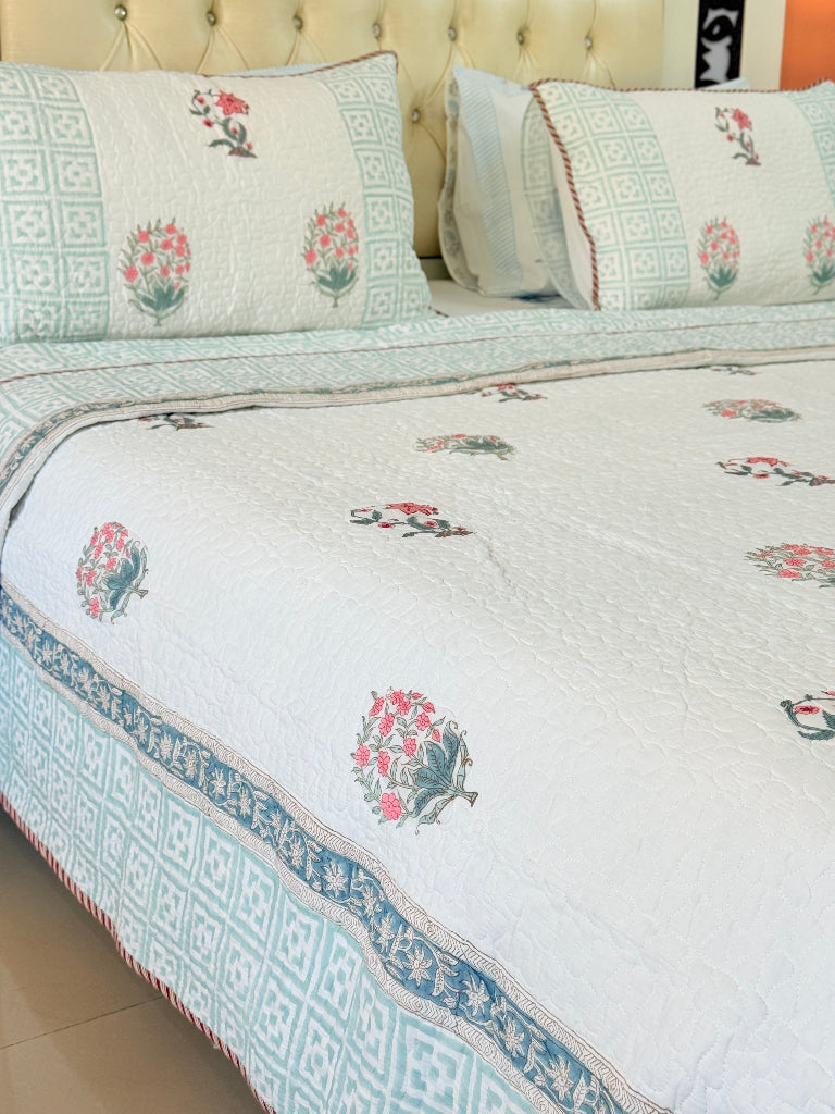 Blossom Haven Hand Blocked Quilted Bedcover