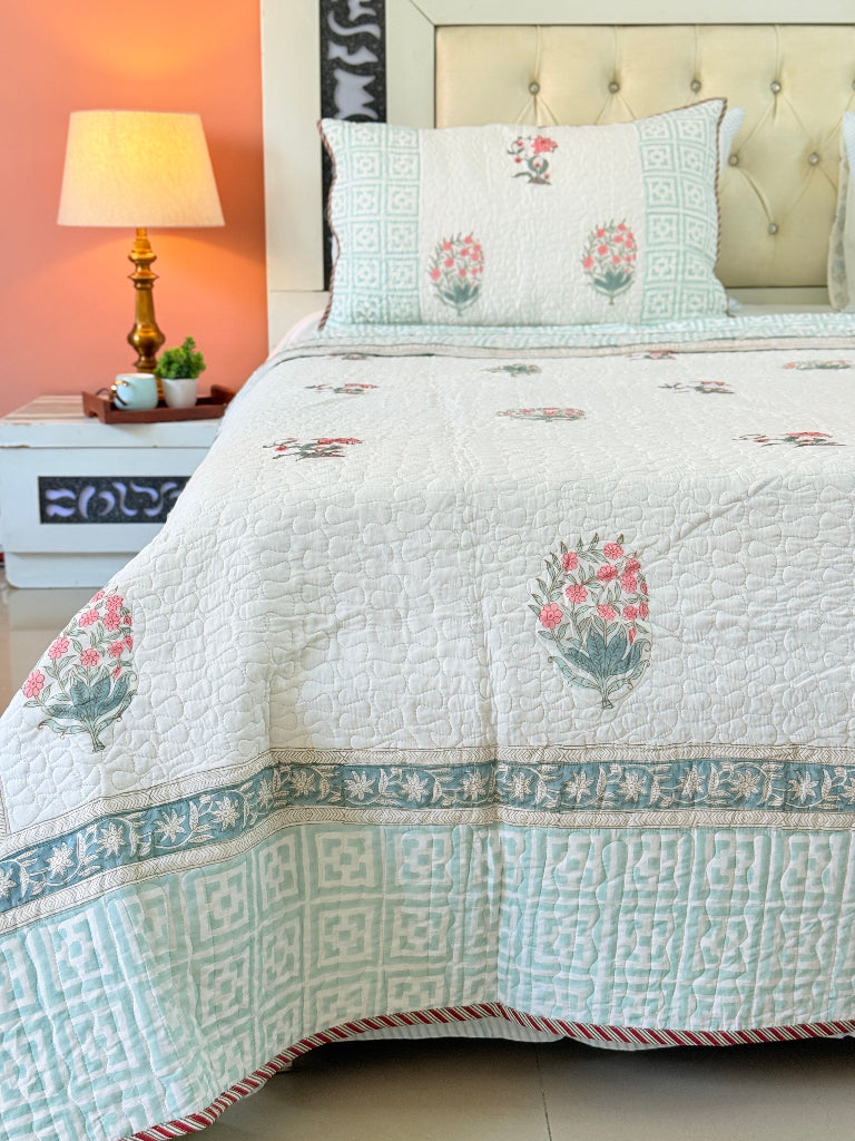 Blossom Haven Hand Blocked Quilted Bedcover