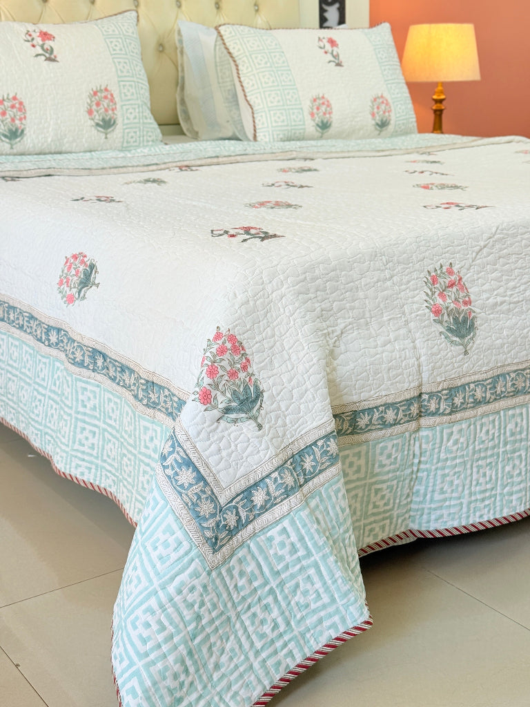 Blossom Haven Hand Blocked Quilted Bedcover