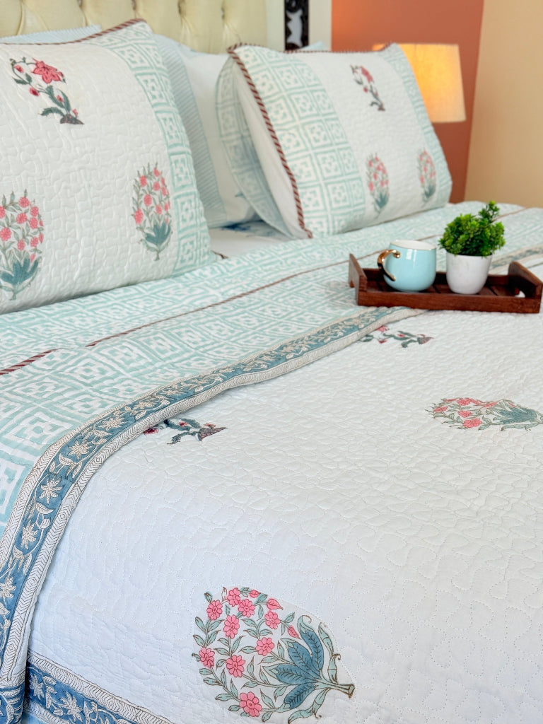 Blossom Haven Hand Blocked Quilted Bedcover