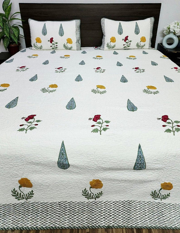 Flora Pattern - Hand Blocked Quilted Bedcover