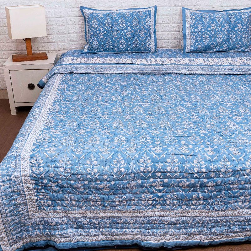 Blue Floral Ensemble Hand Blocked Quilt Bedding Set