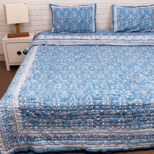 Blue Floral Jaal Hand Blocked Quilt