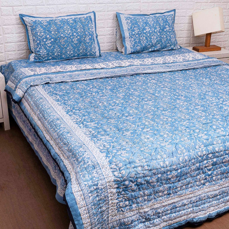 Blue Floral Ensemble Hand Blocked Quilt Bedding Set