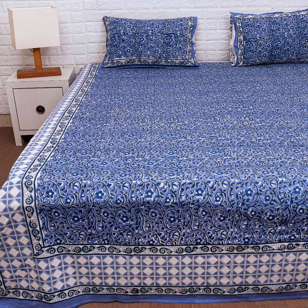 Electric Blue Floral Print Blockprint Bedsheet