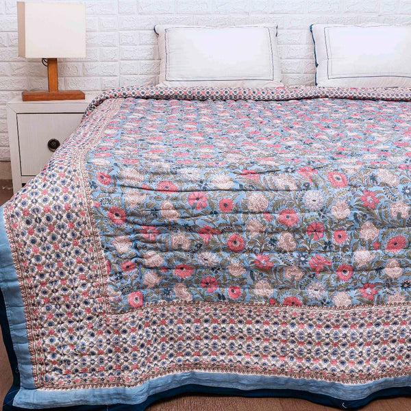 Blue Floral Fantasy Hand Blocked Quilt
