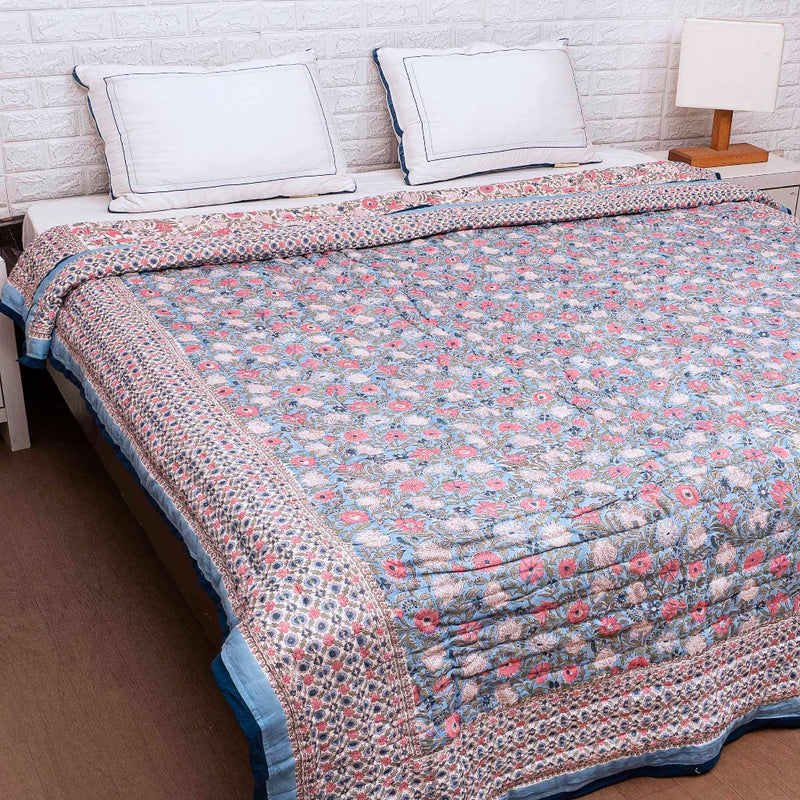Blue Floral Fantasy Hand Blocked Quilt