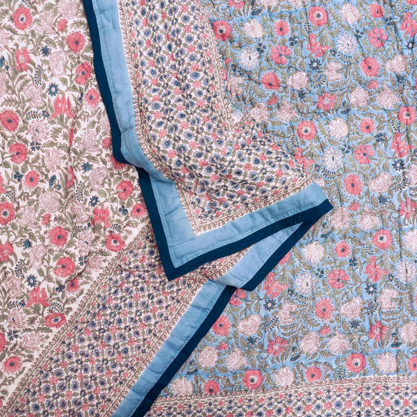 Blue Floral Fantasy Hand Blocked Quilt