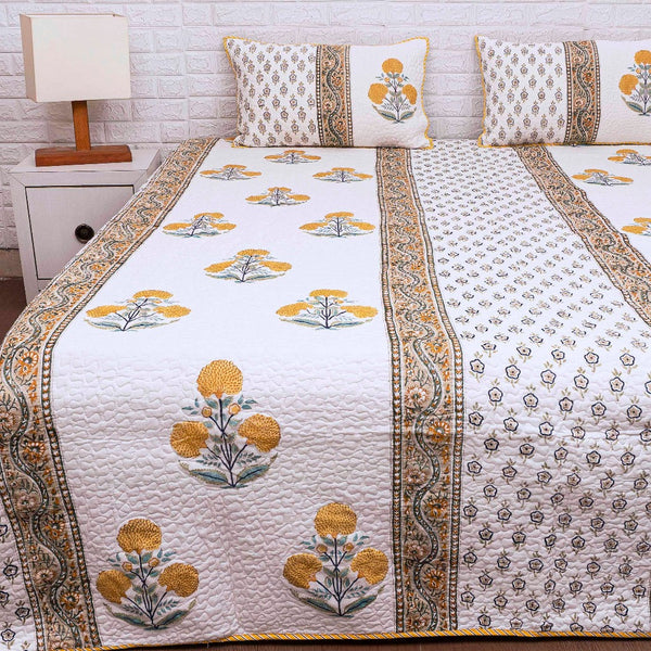 Yellow Floral Buta - Hand Blocked Quilted Bedcover