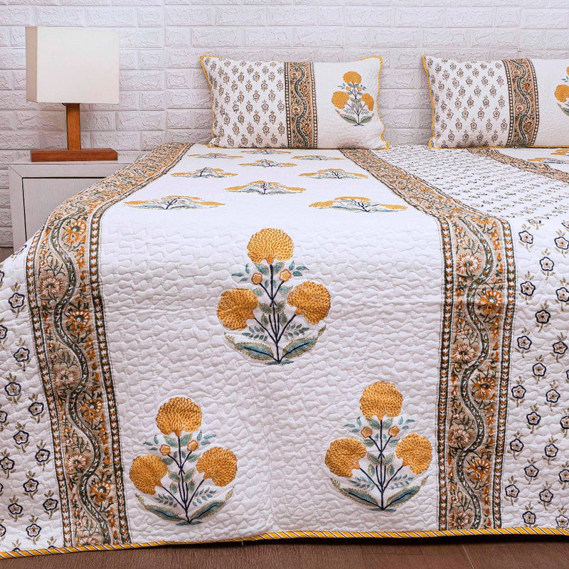 Yellow Floral Buta - Hand Blocked Quilted Bedcover