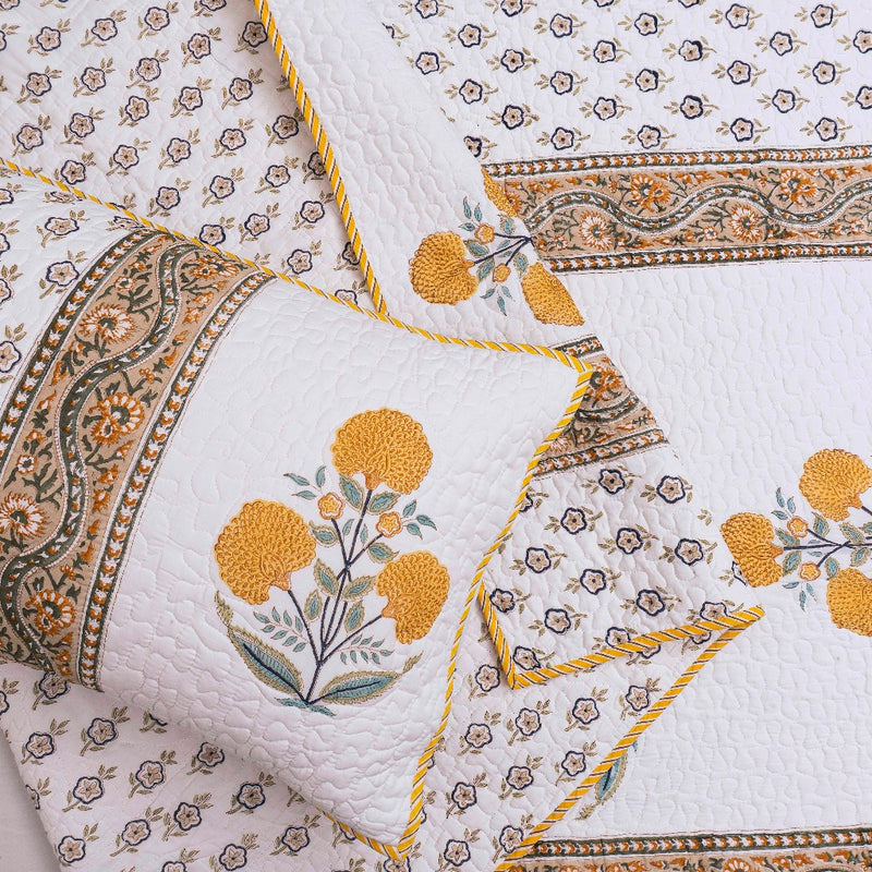 Yellow Floral Buta - Hand Blocked Quilted Bedcover