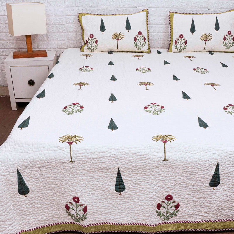 Cypress and Floral Motif - Hand Blocked Quilted Bedcover