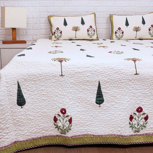 Cypress and Floral Motif - Hand Blocked Quilted Bedcover