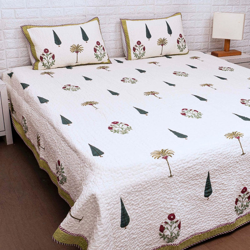 Cypress and Floral Motif - Hand Blocked Quilted Bedcover