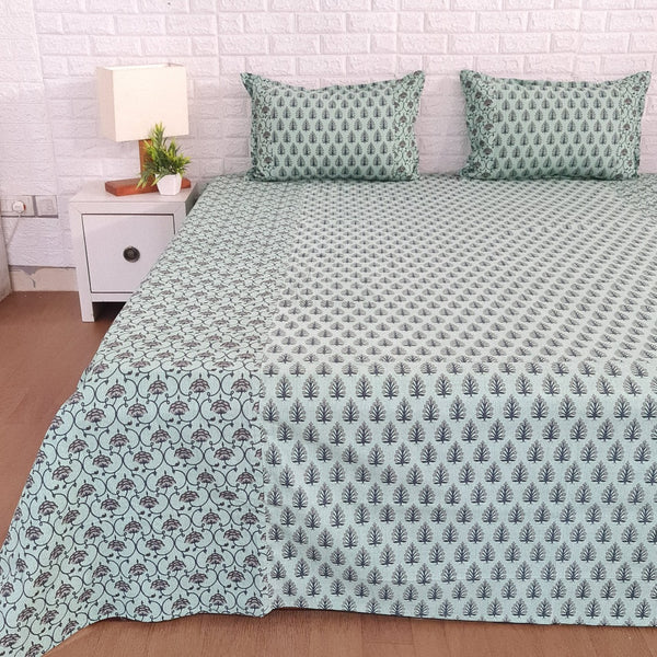 Sea Green Leaf Print Ajrakh Bedsheet