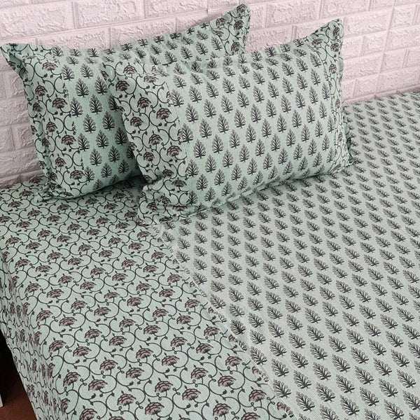 Sea Green Leaf Print Ajrakh Bedsheet