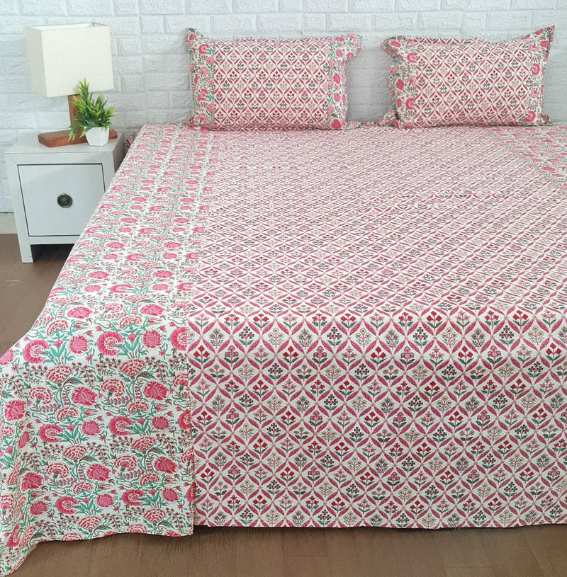 Pink and Green Floral Pattern Ajrakh Bedsheet