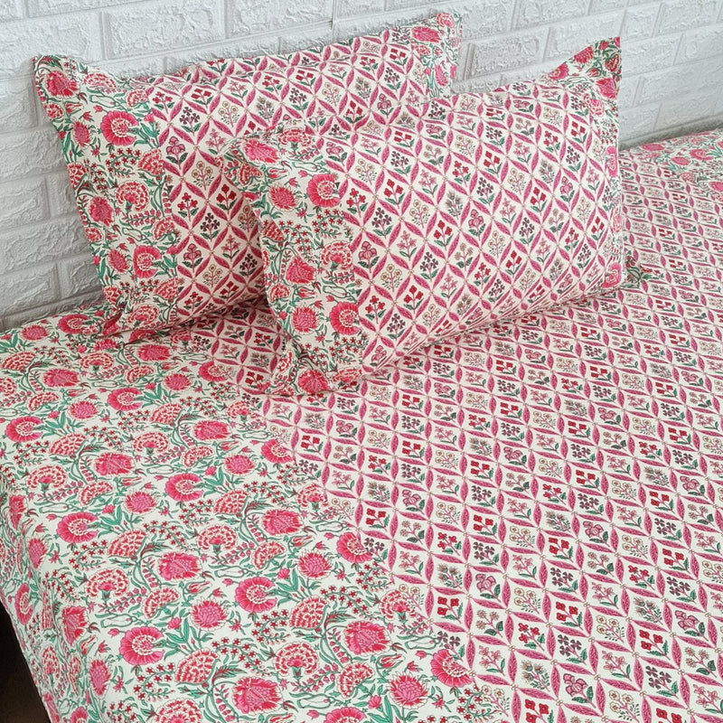 Pink and Green Floral Pattern Ajrakh Bedsheet