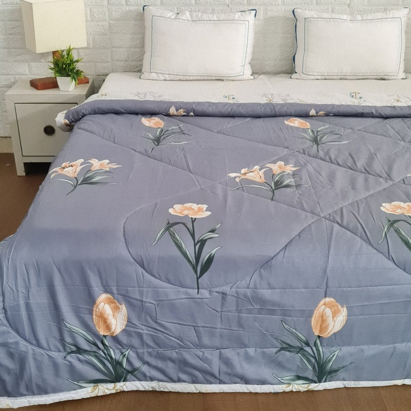 Grey Floral Print Double Comforter