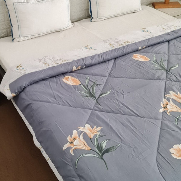 Grey Floral Print Double Comforter