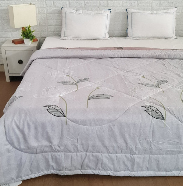 Grey and Peach Leafy Print Double Comforter