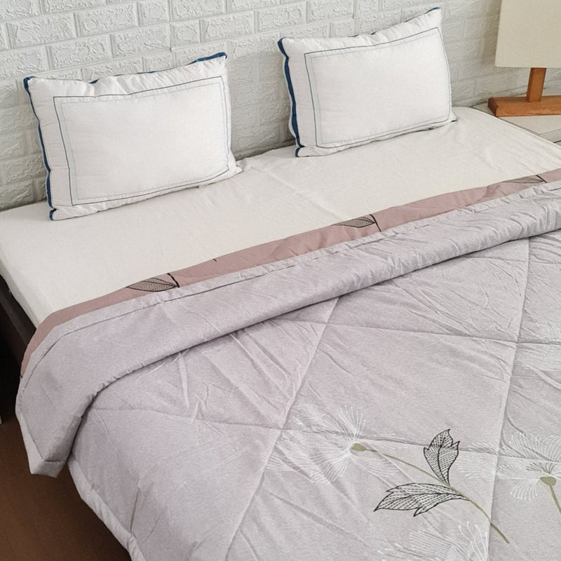 Grey and Peach Leafy Print Double Comforter