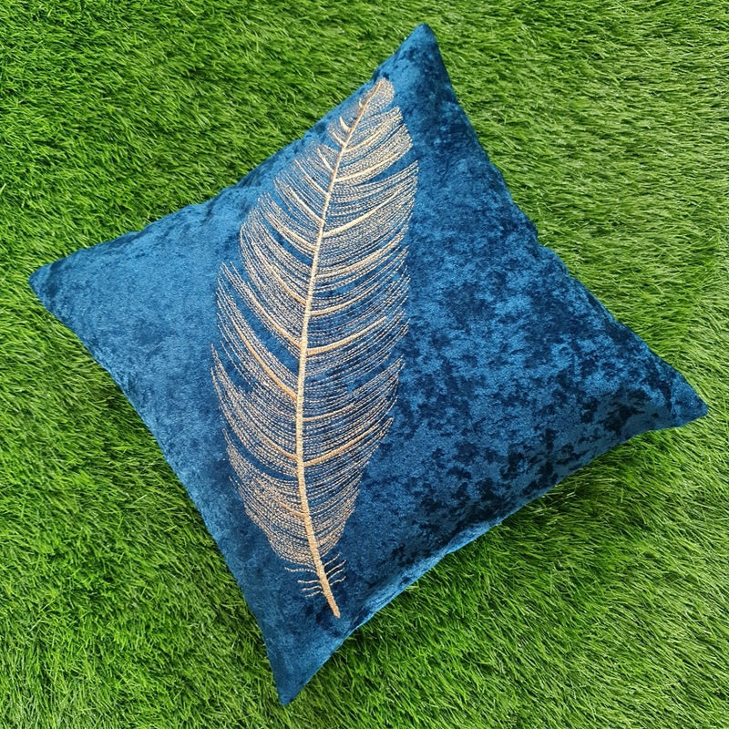 Blue Feather Embroidery Cushion Cover