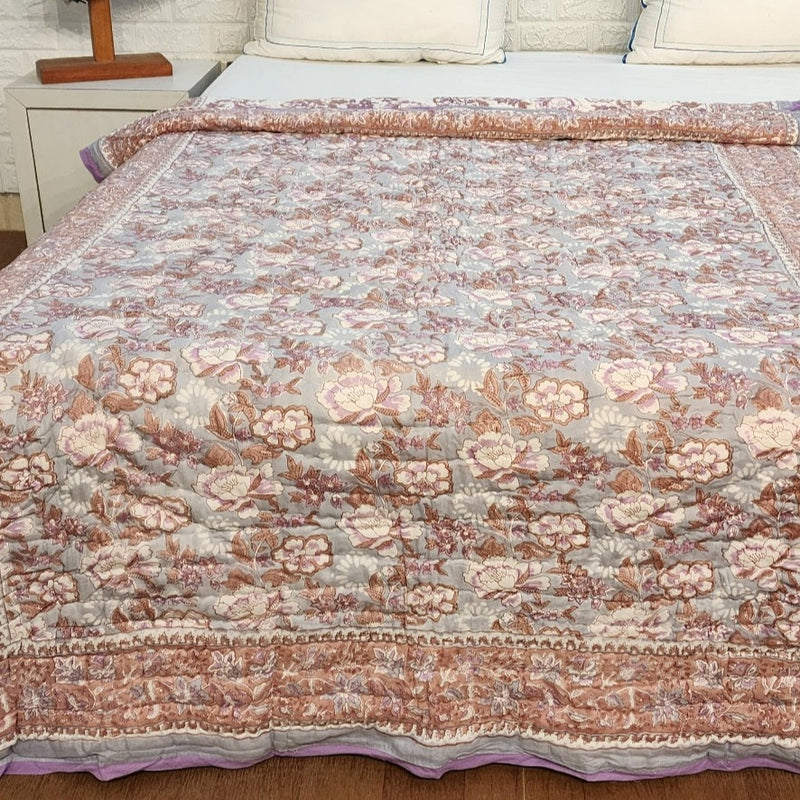 Mauve Floral Pattern Hand Blocked Quilt