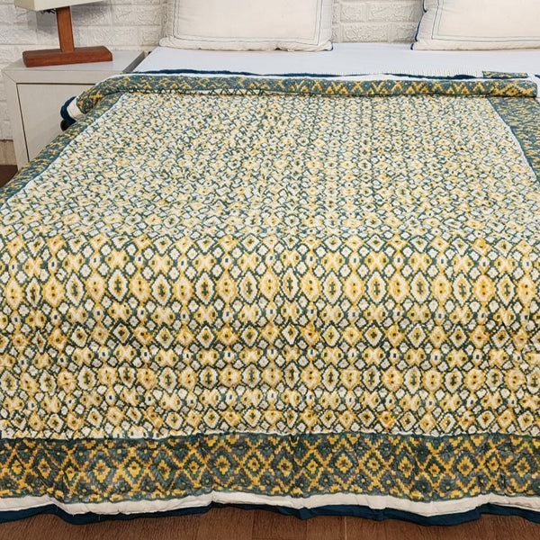 Yellow and Green Ikat Print Hand Blocked Quilt