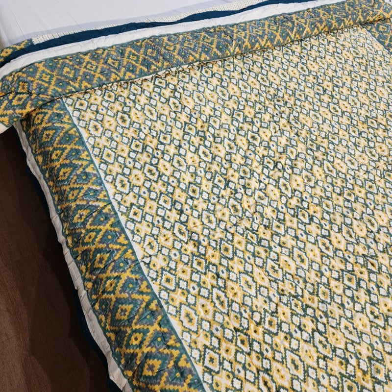 Yellow and Green Ikat Print Hand Blocked Quilt