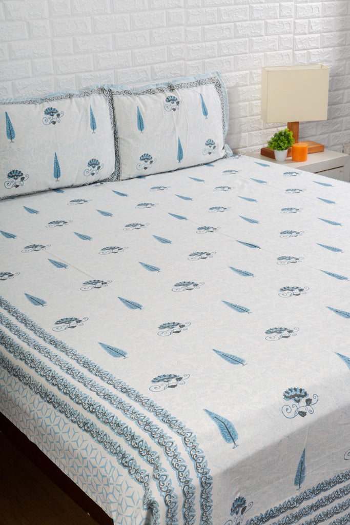 Blue Cypress and Flower Motif Hand-Blocked Bedsheet