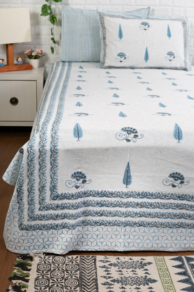 Blue Cypress and Flower Motif Hand-Blocked Bedsheet