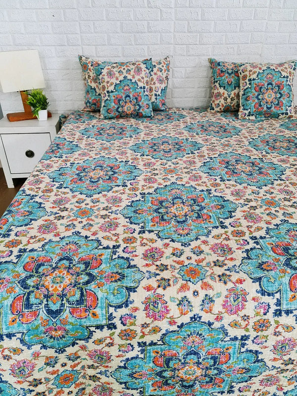 Sea Blue Floral Print Quilted Bed Cover