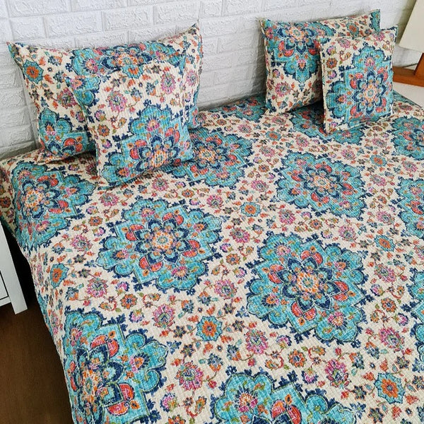 Sea Blue Floral Print Quilted Bed Cover