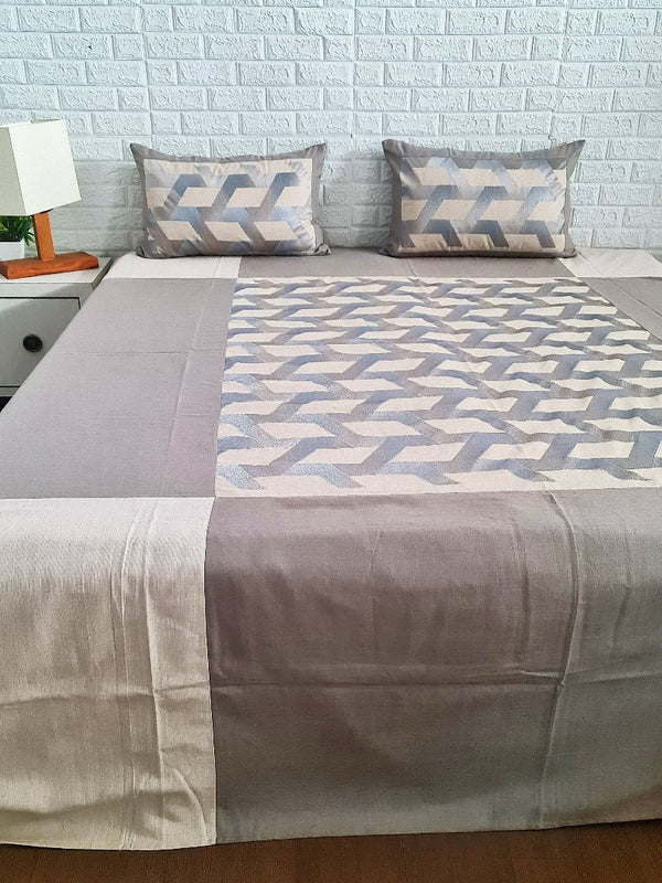 Greyish Blue Geometrical Pattern Handloom Cotton Bedcover