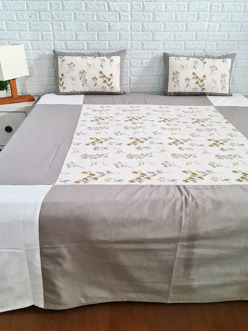 Grey & White Leaf Print Handloom Cotton Bedcover