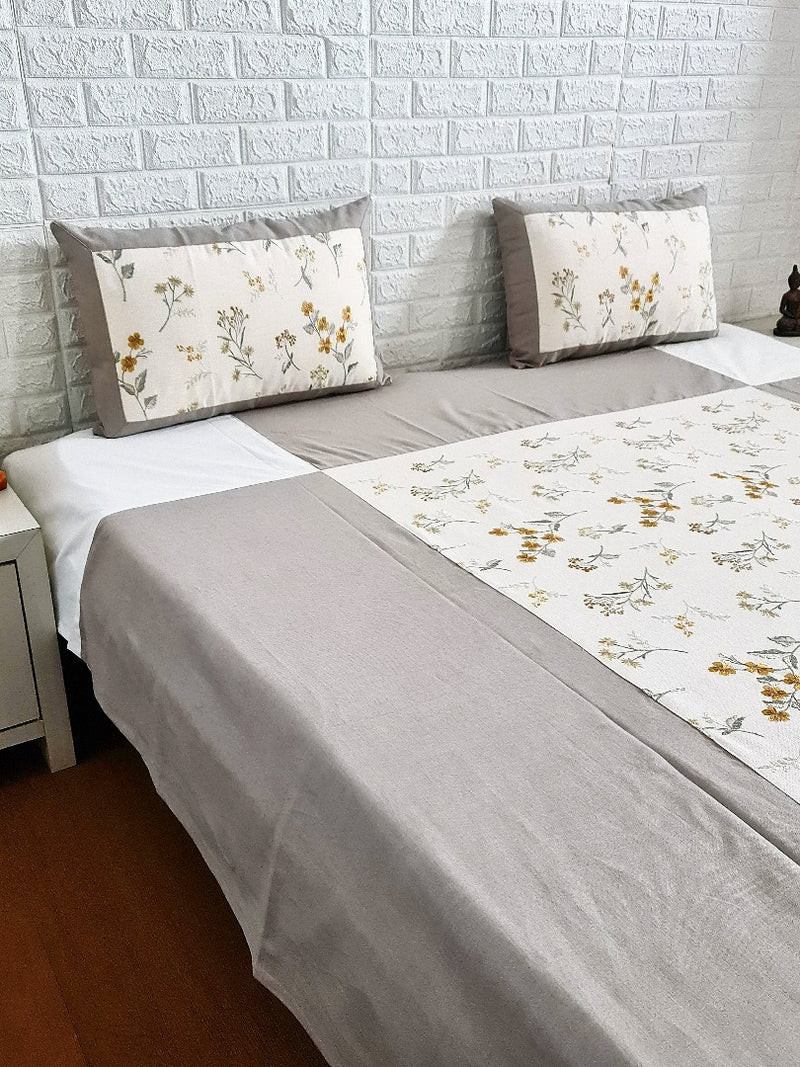 Grey & White Leaf Print Handloom Cotton Bedcover