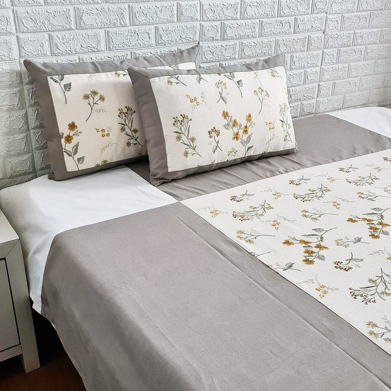 Grey & White Leaf Print Handloom Cotton Bedcover