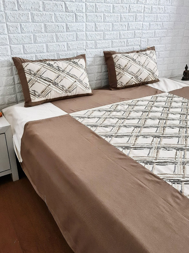 Brown and Off White Abstract Pattern Handloom Cotton Bedcover