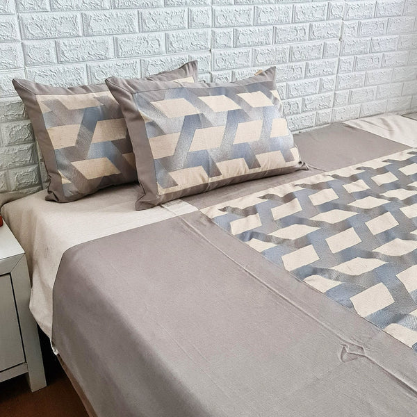 Greyish Blue Geometrical Pattern Handloom Cotton Bedcover