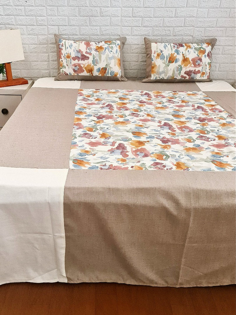 Brown & Off White Abstract Art Handloom Cotton Bedcover