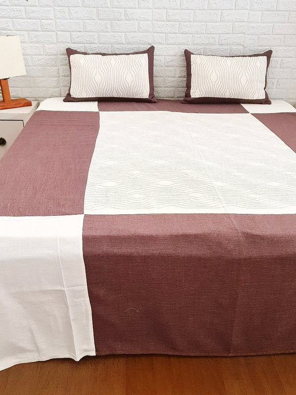Chestnut Brown & Off White Embroidery Handloom Cotton Bedcover