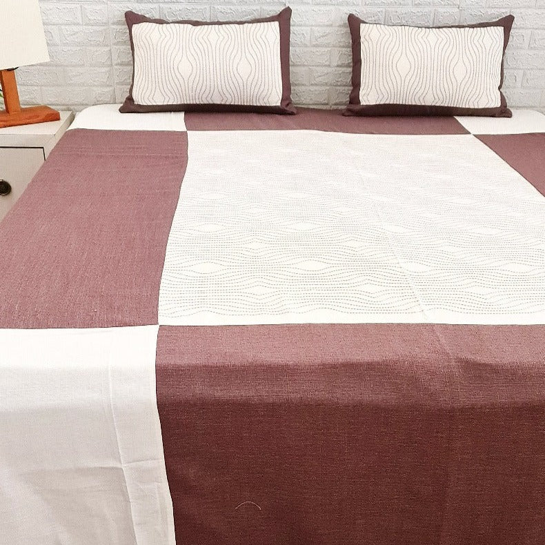 Chestnut Brown & Off White Embroidery Handloom Cotton Bedcover